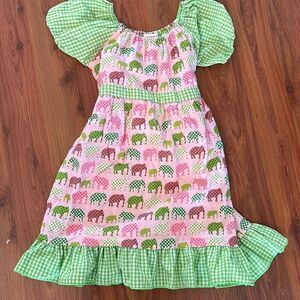 Adorable elephant dress cotton pink green gingham girls 8/10
